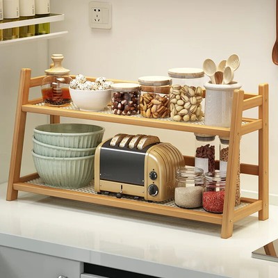2 Ebenen Aufbewahrung Holzregal Küche Organizer Schrank Kaffee Bar Tasse Display NEU