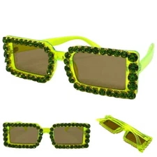 Classy Elegant Retro Modern Bling SUN GLASSES Neon Green Frame Large Rhinestones