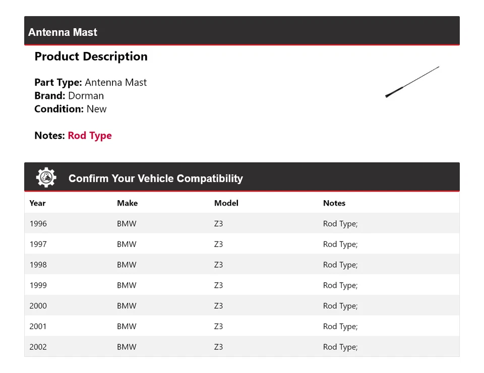 Mástil de antena para BMW Z3 Dorman 1996-2002 1997 1998 1999 2000 2001 Foto 2 de 4