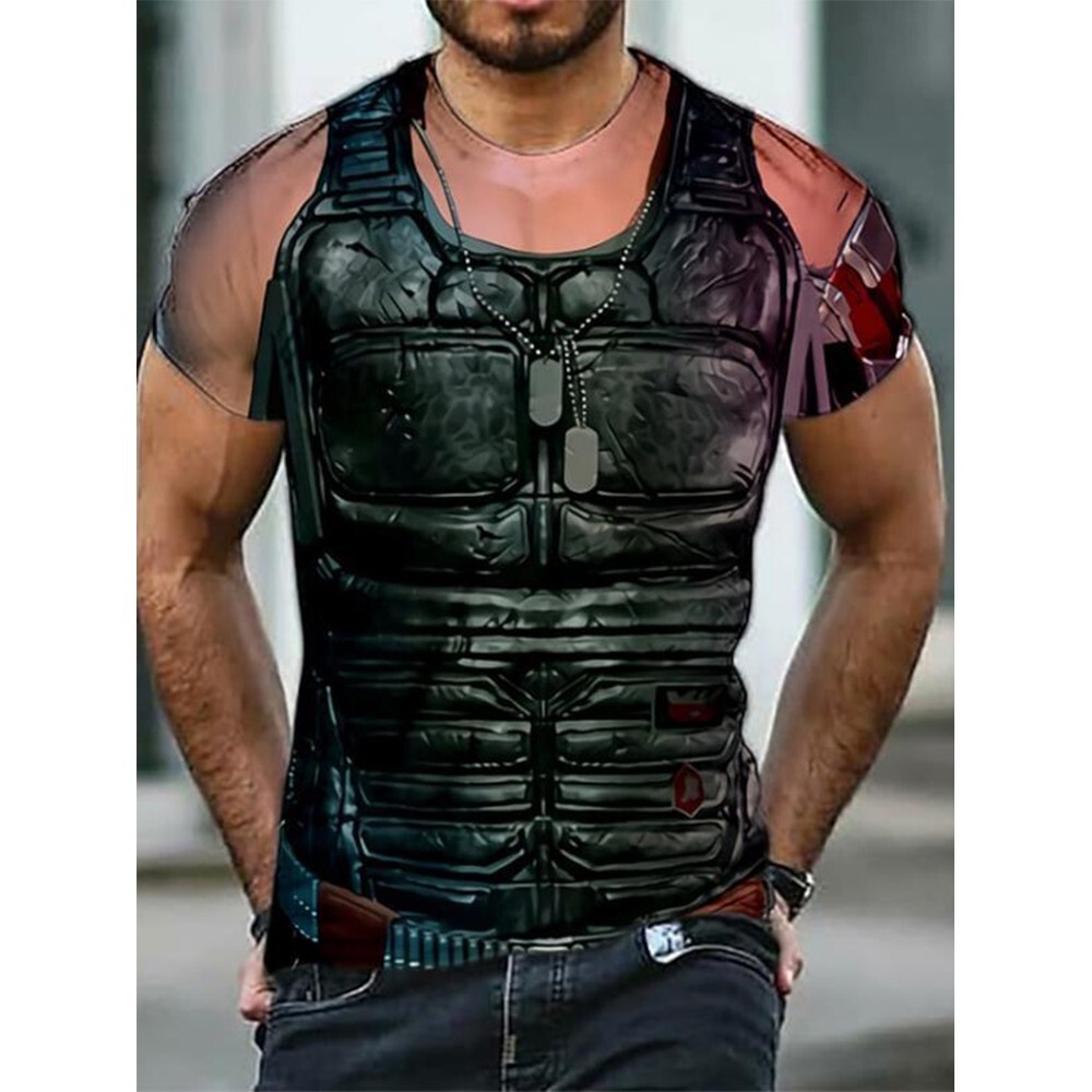 T-shirt Homme Muscle Tattoo Effet 3D Digital - Polyester, Coupe Regular, Neuf Avec étiquettes