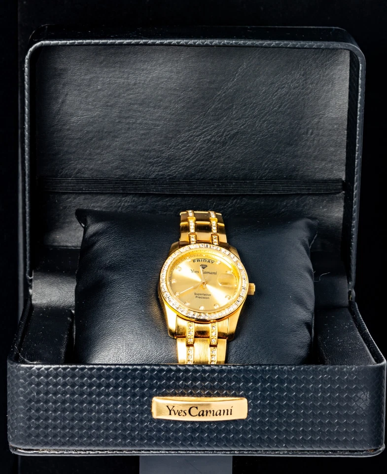 Reloj y caja de cuarzo unisex chapado en oro Yves Camani -- funcionando, caja Ø36 mm Foto 2 de 4