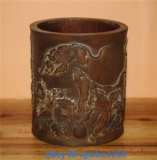 Collect Asian Old Chinese Bamboo Hand Carved Tiger Brush Pot Pen holder  22895