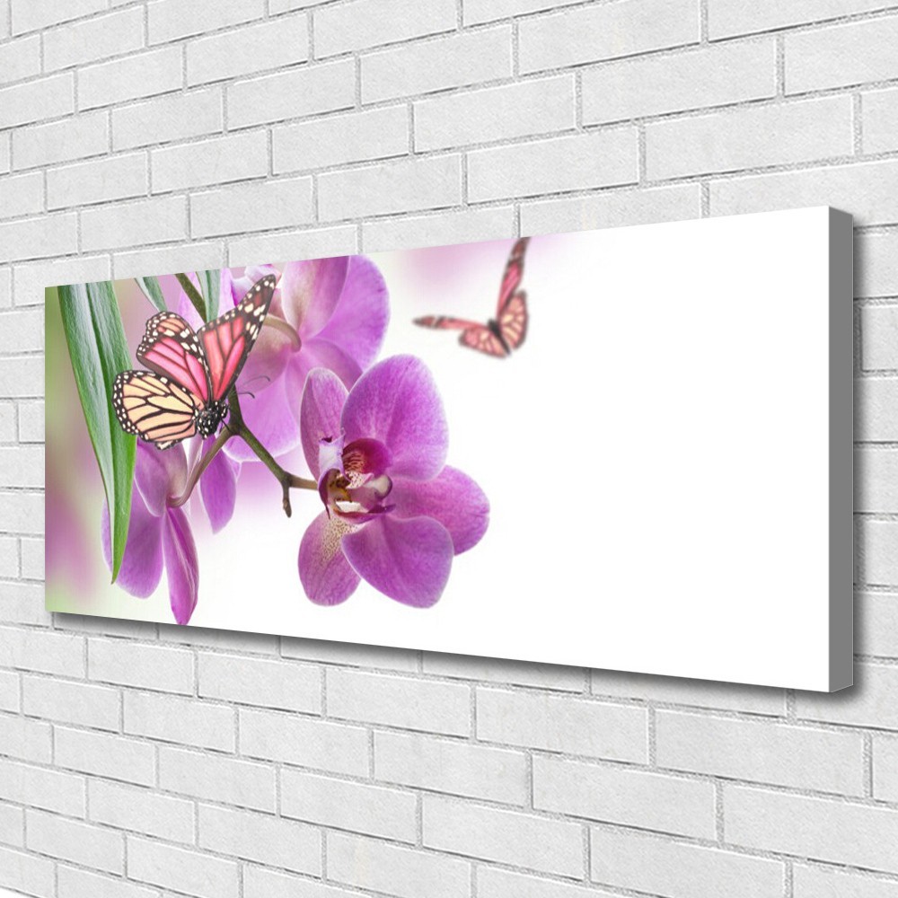 Tableau nature papillons fleurs 125x50cm impression sur toile de lin salon