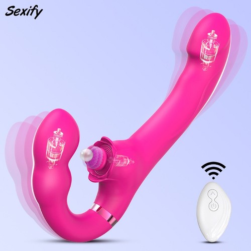 Strapless Double Ended Dildo Flapping Rabbit Vibrator Pegging Strap on Sex Toy - Picture 16 of 21
