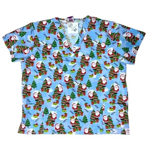 Devine Curves Scrub Christmas Top Women V Neck Short Sleeve Santa Blue Plus 3X - Picture 13 of 13