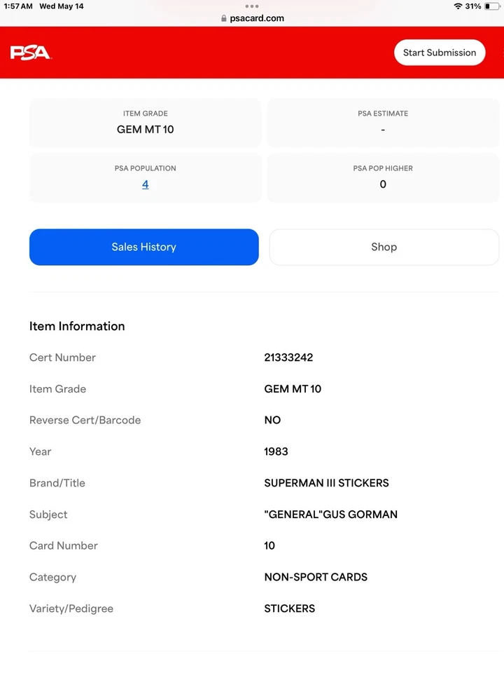 1983 topps superman #10 richard pryor rc; general gus gorman PSA 10  (POP 4) - Image 3 of 3