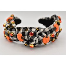 Halloween Pumpkin Rhinestone Crystal Headband Black White Checkered Fall Autumn