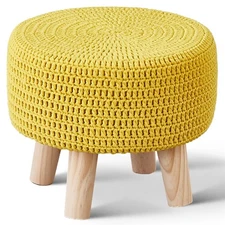 Wimarsbon Small Ottoman Pouf, Hand-Knitted Round Footrest with Wood Legs, Boh...