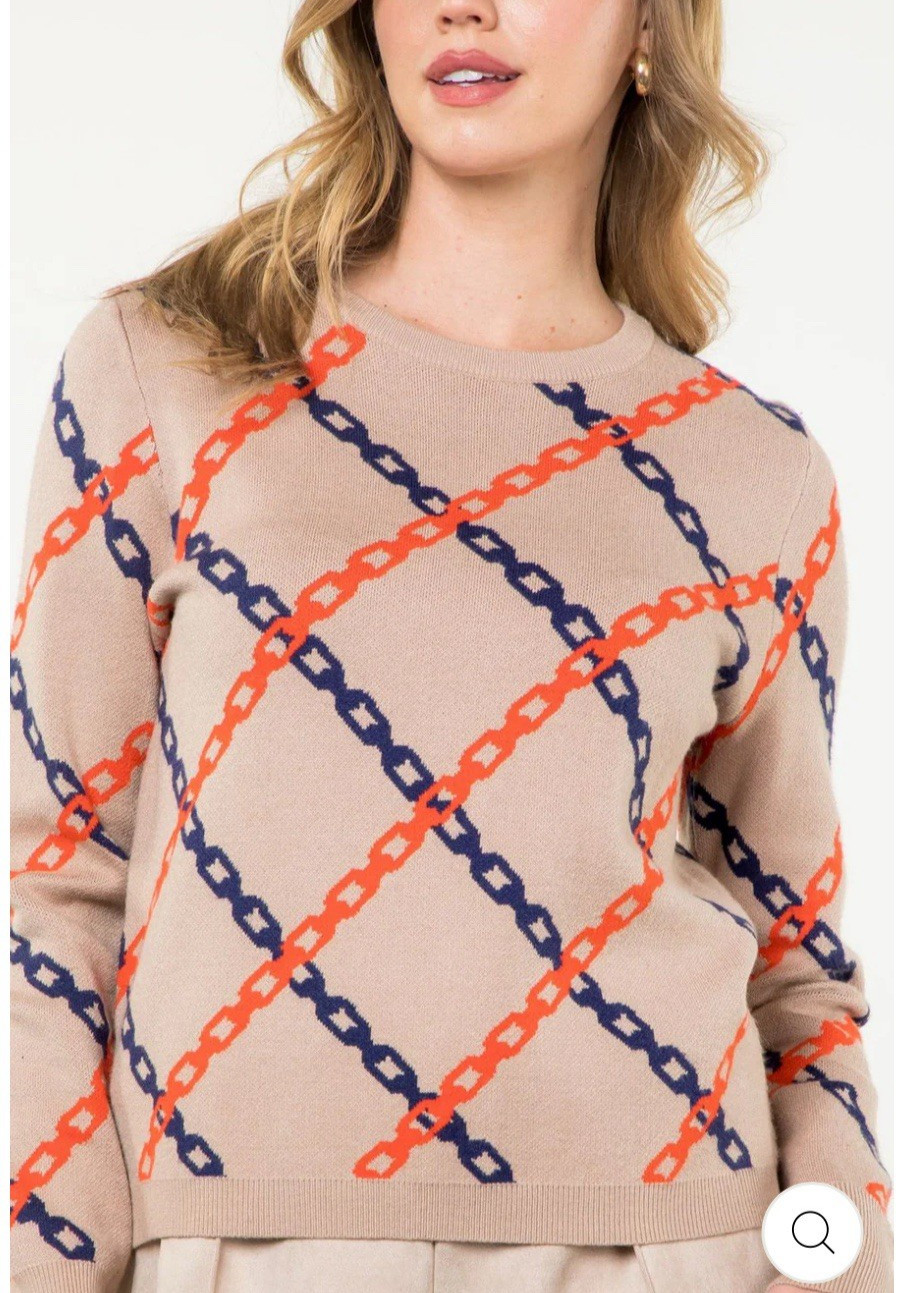 THML  Anthropologie Equestrian Chain Link Tan Preppy Heritage S Sweater NWOT image 2