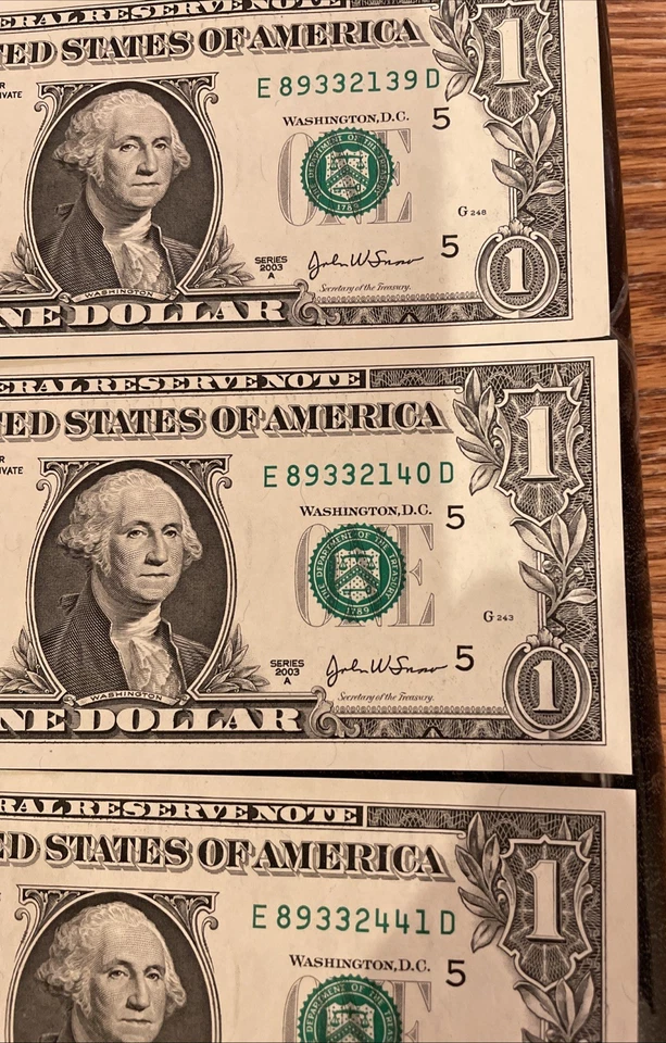Three (3) 2003 Uncirculated Consecutive Serial Number One Dollar Notes - Image 3 of 4