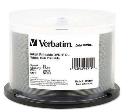 Verbatim DataLifePlus DVD+R DL 8.5GB 8x Inkjet/Hub Printable 50pk Spindle
