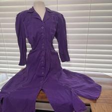 Vintage Purple Button-Front Midi Dress with Puff Sleeves & Shoulder Pads