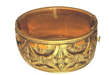 Antique Victorian Gold Gilt Brass Hinged Bangle Bracelet Etruscan Revival 1870s