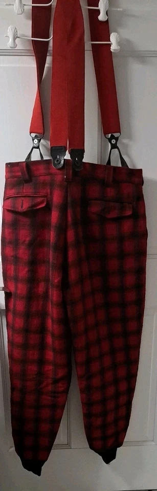VTG Woolrich Wool Suit 2 Pc Set Red/Black Plaid Hunt Coat Med/Pants 36 USA EUC - Image 2 of 4