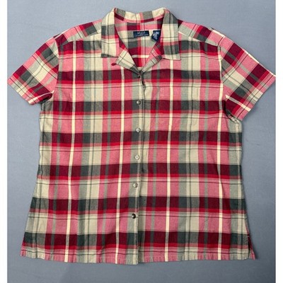 VTG Crazy Horse Red Plaid Short Sleeve Button Down Shirt Womens XL