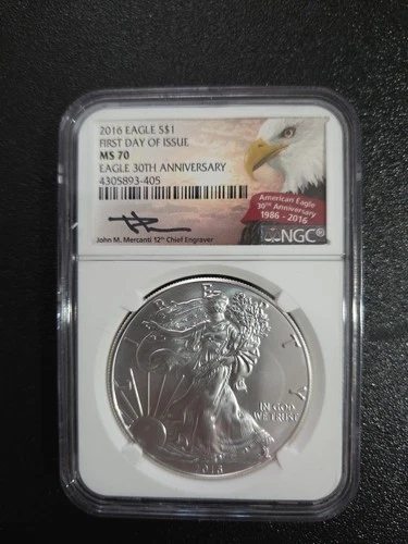 2016 Silver Eagle NGC MS70 30th Anniversary Coin Signed by John M. Mercanti