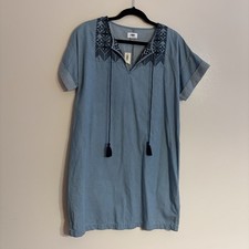 Old Navy Women M Blue Cotton Chambray Embroidered Tasseled Boho Shift Dress NWT