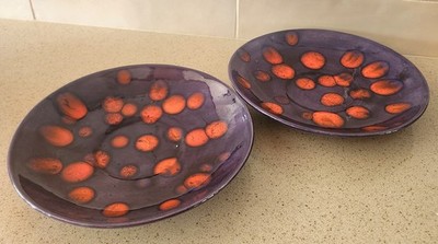 Handpainted Purple Plates w/ Orange Dots in the Style of Poole Pottery Set of 2 