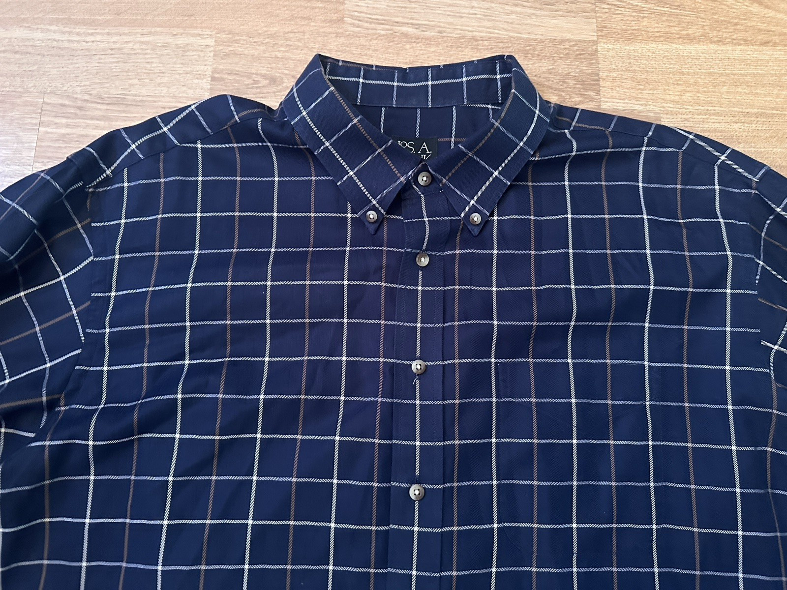 Jos. A. Bank Navy Blue Plaid Collared Button Down Long Sleeve Shirt - Size XXL
