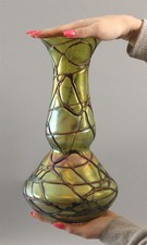LRG Antique KRALIK Czech Bohemian Iridescent Green Threaded Vein Art Glass Vase