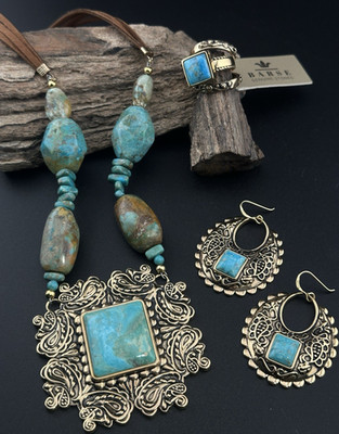 BARSE Turquoise, Leather & Brass Necklace, Earrings and Ring Set