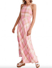 COUNTRY ROAD organic french linen pink plaid check apron maxi dress sz 16