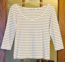 VINCE Women's Ivory Brown Striped Rib Scoop Neck Knit Top T-Shirt Tee S