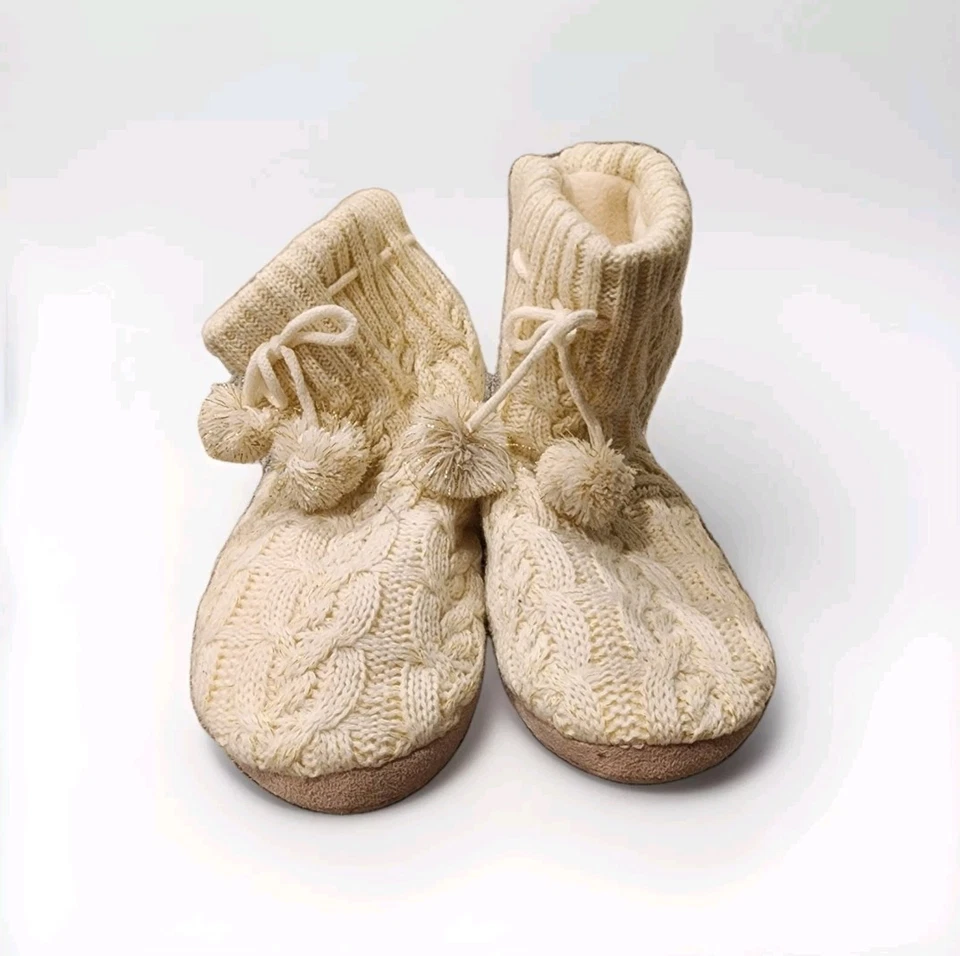 Botas chinelo femininas de malha marfim inverno interior com acabamento de pele sintética e pompons - Imagem 3 de 4
