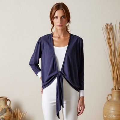 Übergröße Verspielt Romantik Strickjacke Blau Navy Feinstrick Baumwolle 46