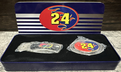 Vintage Jeff Gordon #24 Gift Tin Set Belt Buckle & Pocket Knife