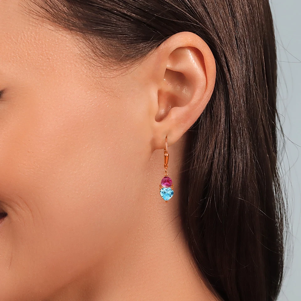 2.76 Ct Swiss Blue Topaz Red Created Ruby 18K Rose Gold Plated Silver Earrings - Image 4 of 4