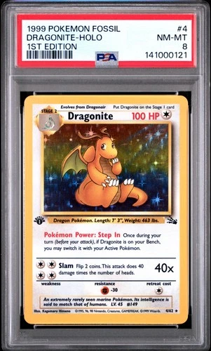 1999 POKEMON FOSSIL 1ST EDITION #4 DRAGONITE-HOLO PSA 8