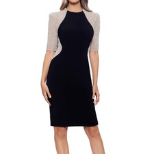 NWT Xscape Womens Black Nude Rhinestone Illusion Half Sleeve Sheath Dress Size 8