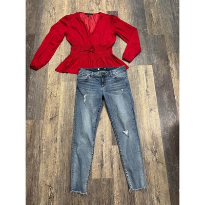 White House Black Market Red Smocked Peplum V-Neck Blouse Small