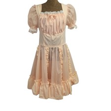 Vintage Peach Swiss Dot Ruffle Dress Semi Sheer Lace Trim Puff Sleeve Coquette