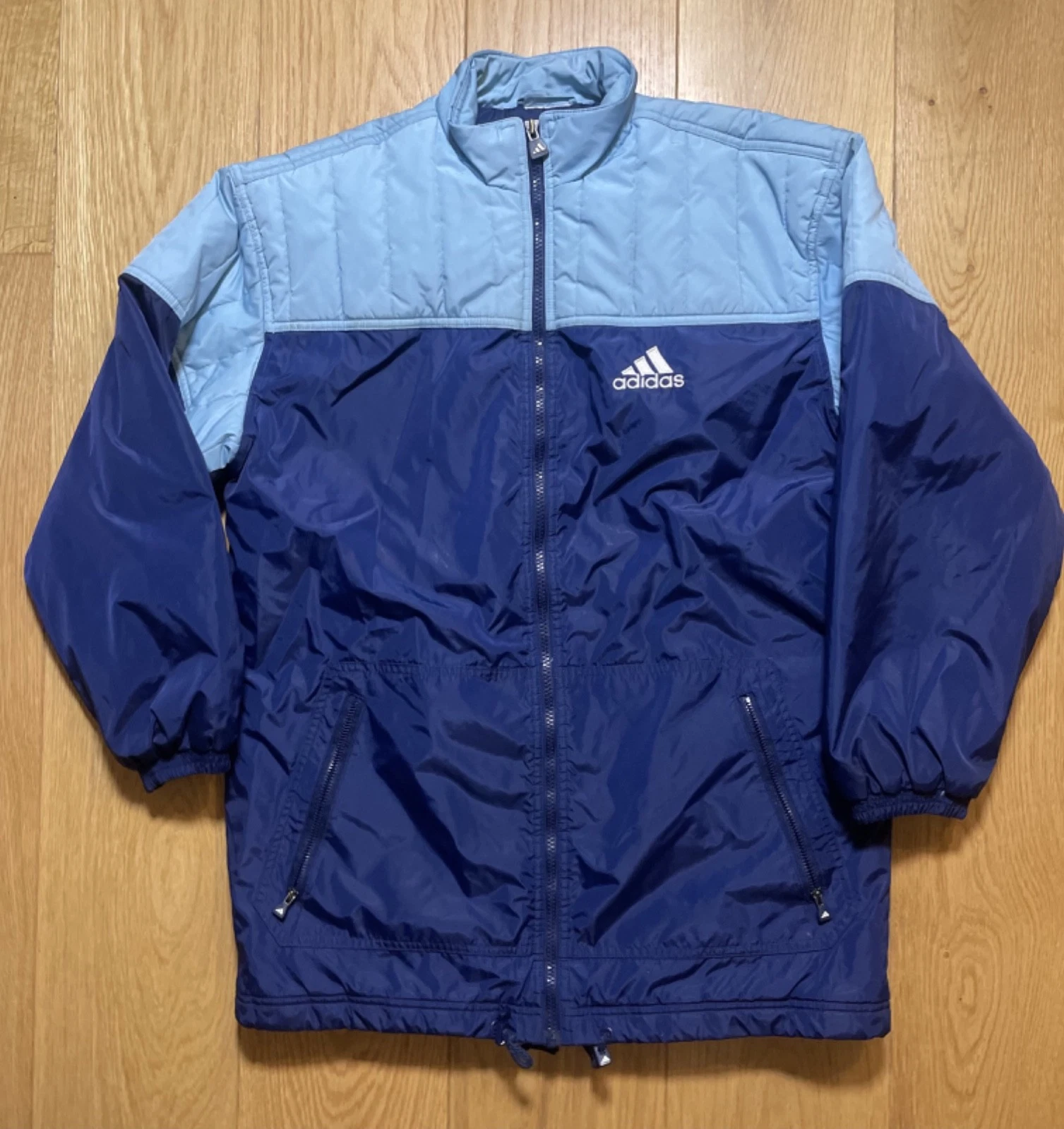 Vintage Adidas Puffer Jacket Blue Light Blue Mens Retro 90s Zip Up Coat