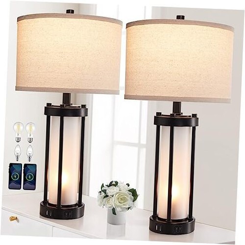 Set of 2 Modern Table Lamps for Living Room with 2 USB Ports, White Black