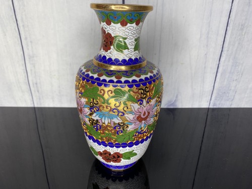 Vintage Metal Brass Chinese Cloisonne Floral 8" Vase Colorful Patterns - Picture 5 of 12