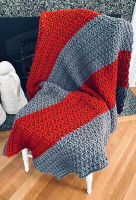 Crochet Handmade Wide Stripe Blanket Afghan Throw Red & Gray Acrylic 45'' X 38''