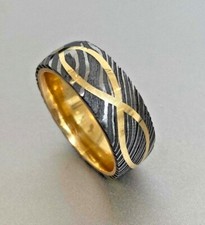 Men's Black Damascus Steel with Brass Sleeve Wedding Band Ring Engagement Ring