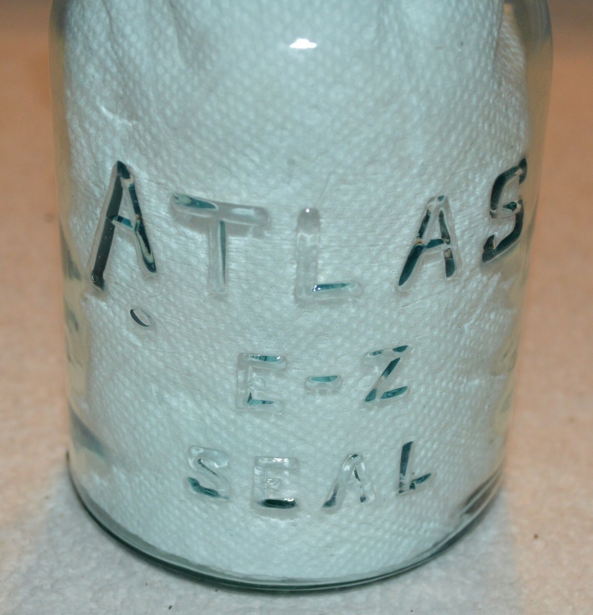 VINTAGE ATLAS E-Z SEAL #6 CANNING JAR FRUIT JAR HAS WRITING ON THE