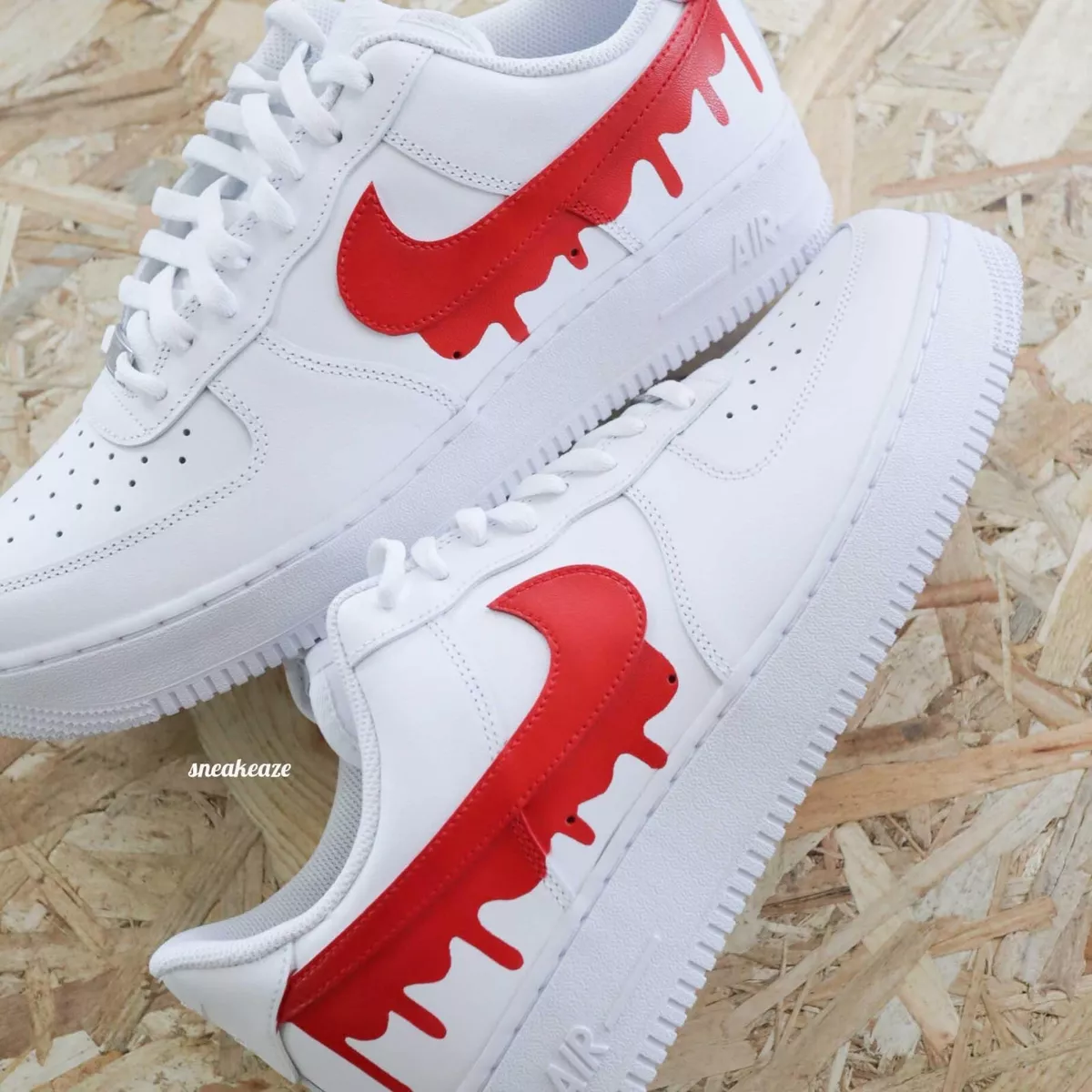 Nike ? Air Force 1 Custom Red Drip ? Swoosh White Shoes All Sizes Men Women & Kids