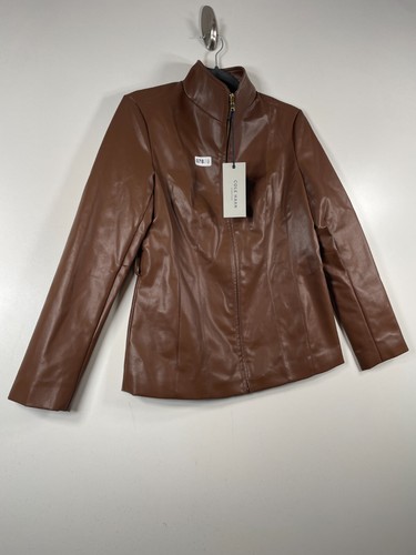 BNWT Cole Haan Womens Full Zip Faux Leather Biker Jacket Brown Sz XS - Picture 3 of 14