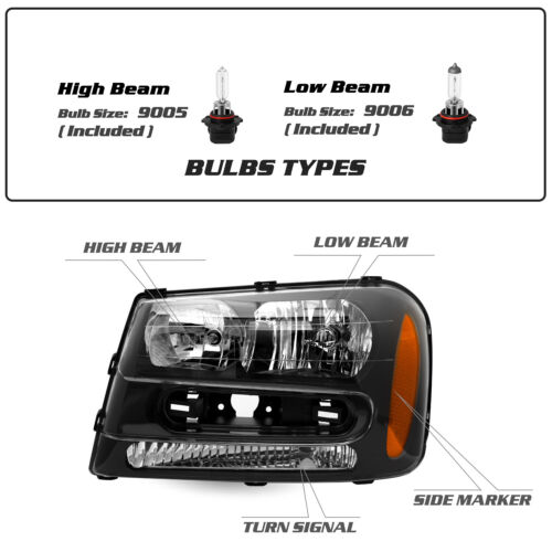 For 2002-2009 Chevrolet Trailblazer Black Headlights Assembly w/Bulb L+R Sets - Picture 3 of 7