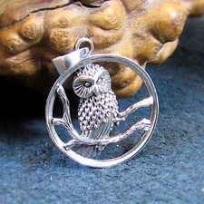 Solid 925 Sterling Silver Owl Perched on Branches Pendant, Forest Nature Jewelry