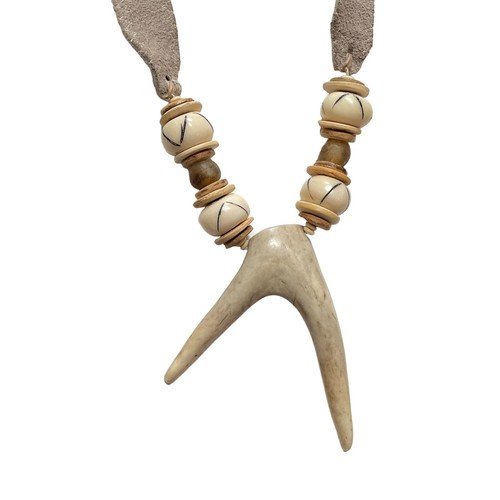 Twine and Twig Antler Bone Pendant Necklace Beaded Beige Suede Tribal Statement - Picture 2 of 5
