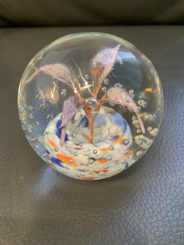 Vintage Art Glass Clear Paperweight With Flowers and Controlled Bubbles