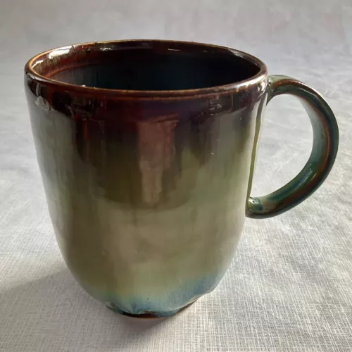Glazed Stoneware Coffee Mug Cup Hand Painted Blue Green Brown Mid Century Signed