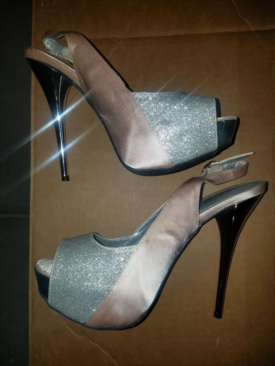 Charlotte Russe Rose Gold and Silver Glitter Peep Toe Platform Heels Size 8