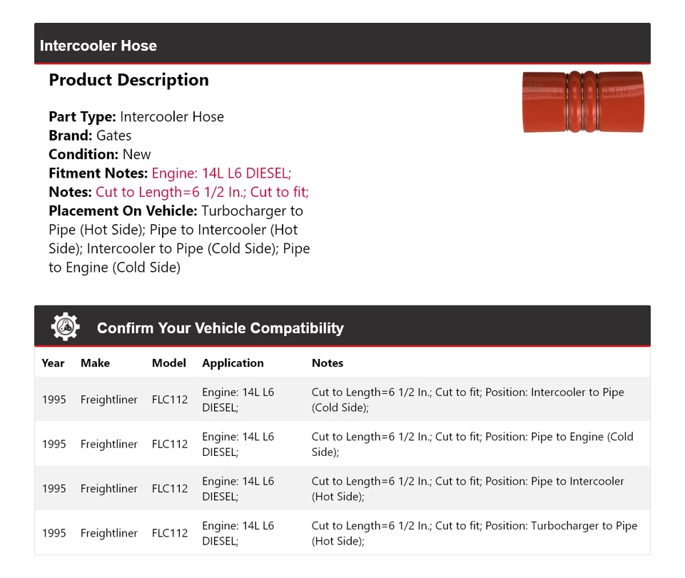 Puertas de manguera intercooler diésel Freightliner FLC112 1995 14L L6 Foto 2 de 4